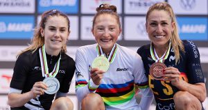 World champion Magdeleine Vallieres, together with Niamh Fisher-Black and Mavi García ond the podium of the Women Elite Road Race in Kigali