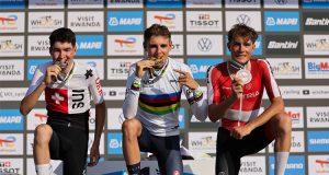 Lorenzo Finn, Jan Huber and Marco Schrettl on the podium of the Men U23 Road Race in Kigali