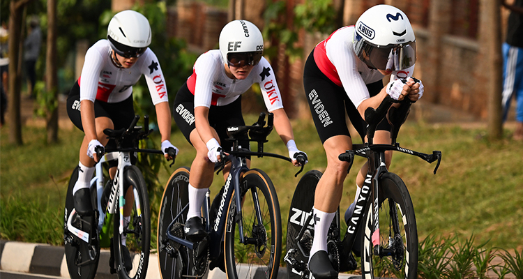 Team Switzerland racing during the Mixed Relay Team Time Trials in Kigali.