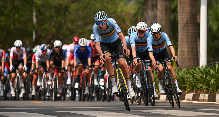 Team Belgium, with Tim Rex in the front, leads the peloton during the Men Under 23 Road Race in Kigali
